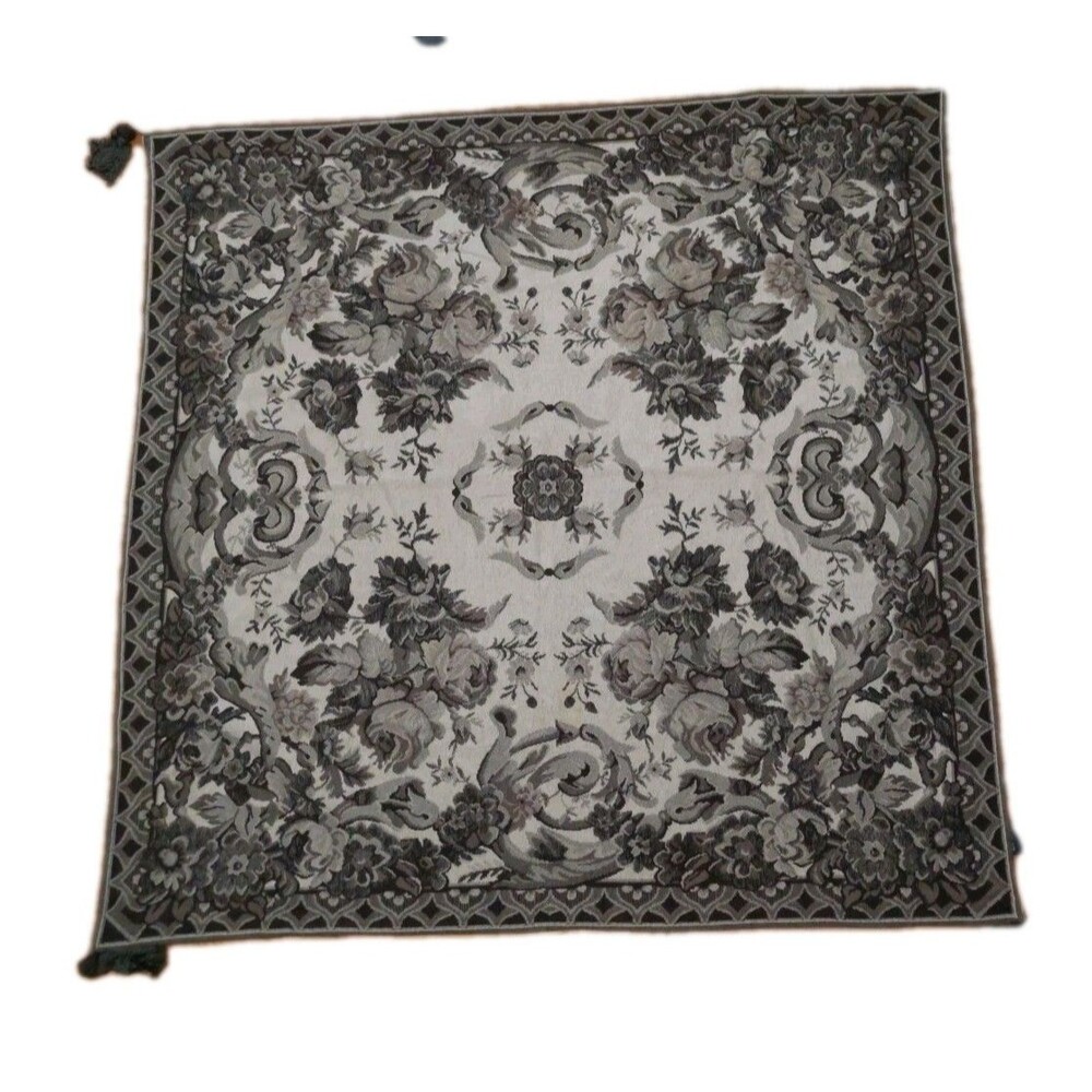 Woven Chenille Beige Brown Baroque Square Floral Throw W/ Tassels 56x56 By OPERA